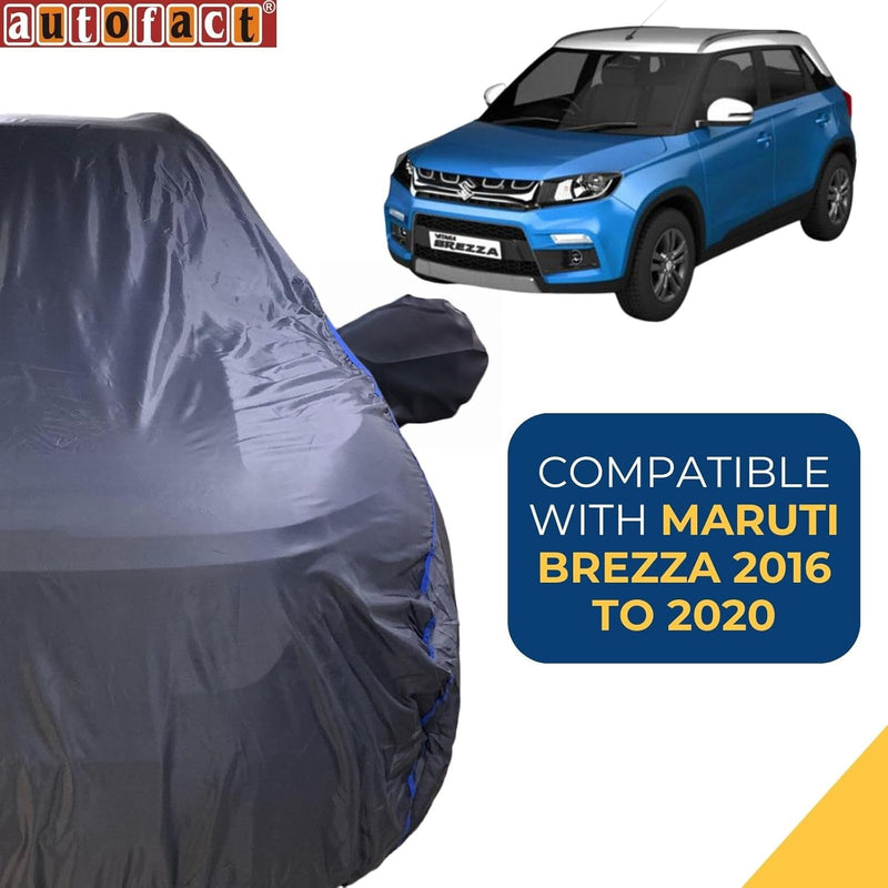 Autofact Brezza Car Cover - CoreProtect - Water Resistant Car Body Cover for Maruti Brezza - With Mirror Pockets, Triple Stitched, Bottom Fully Elastic, Adjustable Belt and Buckle (Grey 210D)