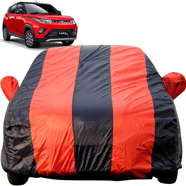 Autofact KUV100 Car Cover - EasyShield - Car Body Cover for Mahindra KUV100 - With Mirror Pockets, Triple Stitched, Bottom Fully Elastic, Adjustable Belt and Buckle (Red Blue Stripes)