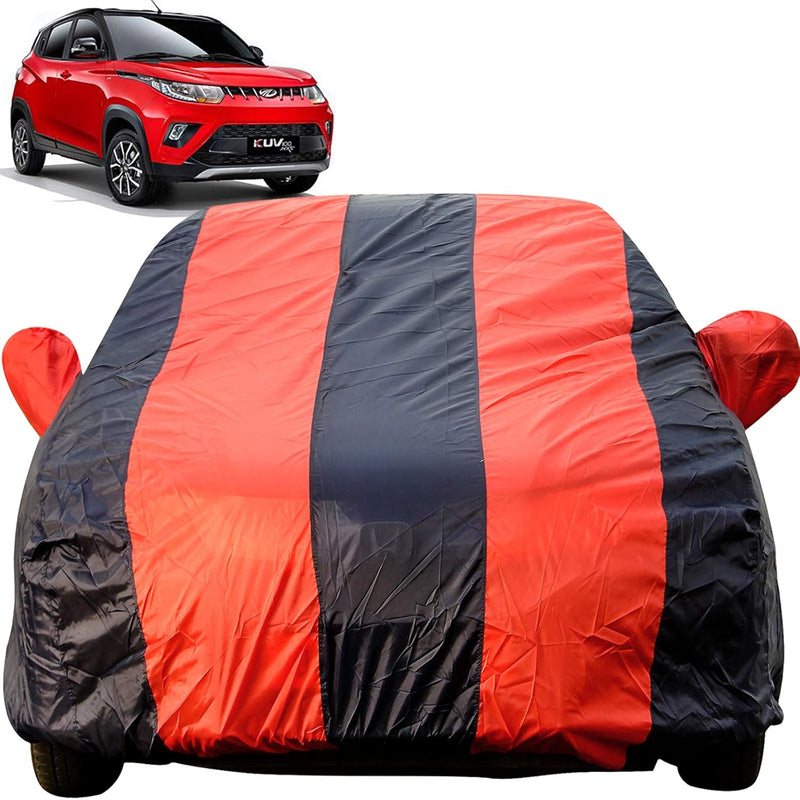 Autofact KUV100 Car Cover - EasyShield - Car Body Cover for Mahindra KUV100 - With Mirror Pockets, Triple Stitched, Bottom Fully Elastic, Adjustable Belt and Buckle (Red Blue Stripes)