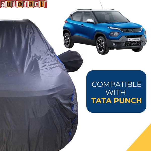 Autofact Punch Car Cover - CoreProtect - Water Resistant Car Body Cover for Tata Punch - With Mirror Pockets, Triple Stitched, Bottom Fully Elastic, Adjustable Belt and Buckle (Grey 210D)