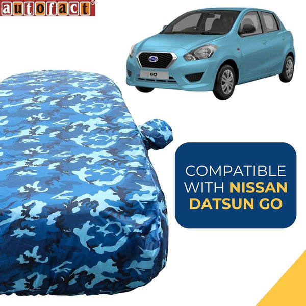 Autofact Datsun Go Car Cover - TearTough - Dog Proof / Waterproof Car Body Cover for Nissan Datsun Go - With Mirror Pockets, Triple Stitched, Bottom Fully Elastic, Adjustable Belt and Buckle (Airforce Blue 4x4)