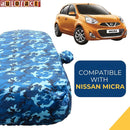 Autofact Micra Car Cover - TearTough - Dog Proof / Waterproof Car Body Cover for Nissan Micra - With Mirror Pockets, Triple Stitched, Bottom Fully Elastic, Adjustable Belt and Buckle (Airforce Blue 4x4)