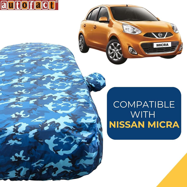 Autofact Micra Car Cover - TearTough - Dog Proof / Waterproof Car Body Cover for Nissan Micra - With Mirror Pockets, Triple Stitched, Bottom Fully Elastic, Adjustable Belt and Buckle (Airforce Blue 4x4)