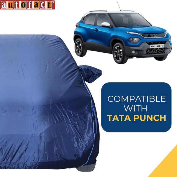 Autofact Punch Car Cover - CoreProtect - Water Resistant Car Body Cover for Tata Punch - With Mirror Pockets, Triple Stitched, Bottom Fully Elastic, Adjustable Belt and Buckle (Navy 210D)