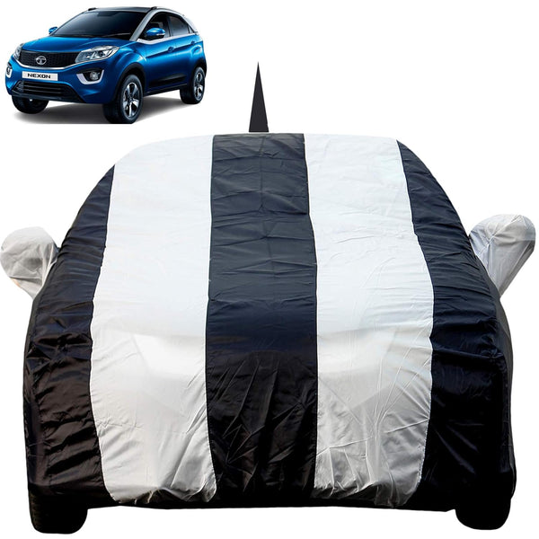 Autofact Nexon Car Cover - EasyShield - Car Body Cover for Tata Nexon - With Mirror Pockets, Triple Stitched, Bottom Fully Elastic, Adjustable Belt and Buckle (White Blue Stripes)