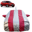 Autofact Glanza Car Cover - FlexGuard - Waterproof Car Body Cover for Toyota Glanza - With Mirror & Antenna Pockets, Triple Stitched, Bottom Fully Elastic, Adjustable Belt and Buckle (Silver / Pink Stripes)