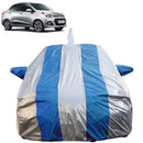 Autofact Xcent Car Cover - FlexGuard - Waterproof Car Body Cover for Hyundai Xcent - With Mirror & Antenna Pockets, Triple Stitched, Bottom Fully Elastic, Adjustable Belt and Buckle (Silver / Blue Stripes)