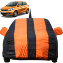 Autofact Tigor Car Cover - EasyShield - Car Body Cover for Tata Tigor - With Mirror Pockets, Triple Stitched, Bottom Fully Elastic, Adjustable Belt and Buckle (Orange Blue Stripes)