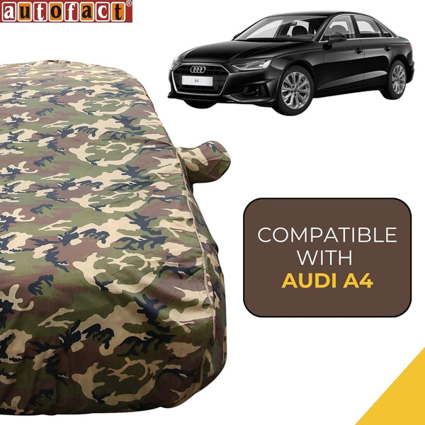 Autofact A4 Car Cover - TearTough - Dog Proof / Waterproof Car Body Cover for Audi A4 - With Mirror Pockets, Triple Stitched, Bottom Fully Elastic, Adjustable Belt and Buckle (Jungle Print 4x4)
