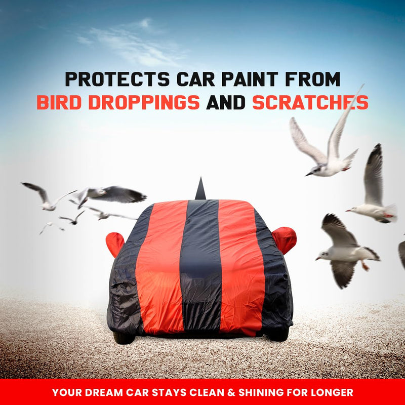 Autofact Swift Car Cover - EasyShield - Car Body Cover for Maruti Swift - With Mirror Pockets, Triple Stitched, Bottom Fully Elastic, Adjustable Belt and Buckle (Red Blue Stripes)