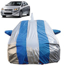 Autofact Verna Fludic Car Cover - FlexGuard - Waterproof Car Body Cover for Hyundai Verna Fludic - With Mirror & Antenna Pockets, Triple Stitched, Bottom Fully Elastic, Adjustable Belt and Buckle (Silver / Blue Stripes)