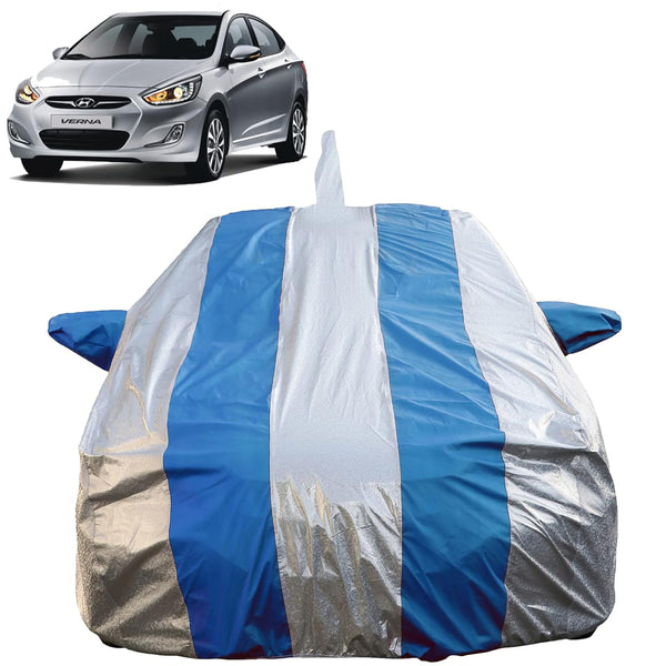Autofact Verna Fludic Car Cover - FlexGuard - Waterproof Car Body Cover for Hyundai Verna Fludic - With Mirror & Antenna Pockets, Triple Stitched, Bottom Fully Elastic, Adjustable Belt and Buckle (Silver / Blue Stripes)