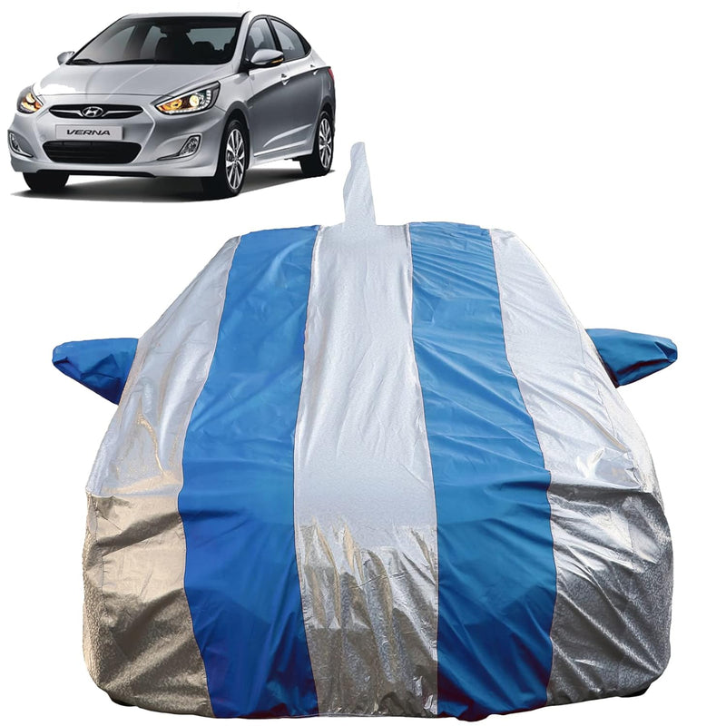 Autofact Verna Fludic Car Cover - FlexGuard - Waterproof Car Body Cover for Hyundai Verna Fludic - With Mirror & Antenna Pockets, Triple Stitched, Bottom Fully Elastic, Adjustable Belt and Buckle (Silver / Blue Stripes)