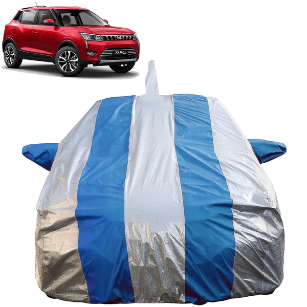 Autofact XUV 300 Car Cover - FlexGuard - Waterproof Car Body Cover for Mahindra XUV 300 - With Mirror & Antenna Pockets, Triple Stitched, Bottom Fully Elastic, Adjustable Belt and Buckle (Silver / Blue Stripes)