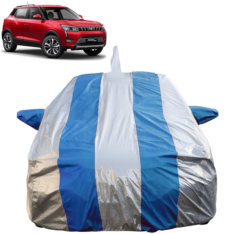 Autofact XUV 300 Car Cover - FlexGuard - Waterproof Car Body Cover for Mahindra XUV 300 - With Mirror & Antenna Pockets, Triple Stitched, Bottom Fully Elastic, Adjustable Belt and Buckle (Silver / Blue Stripes)