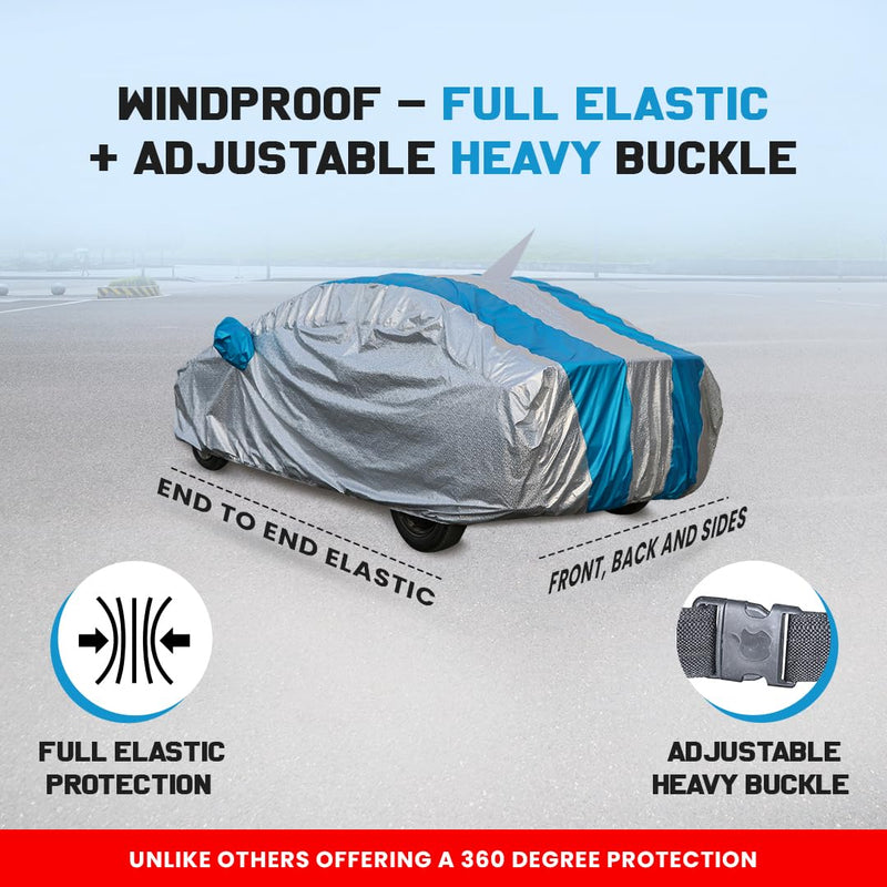 Autofact Swift Car Cover - FlexGuard - Waterproof Car Body Cover for Maruti Swift - With Mirror & Antenna Pockets, Triple Stitched, Bottom Fully Elastic, Adjustable Belt and Buckle (Silver / Blue Stripes)