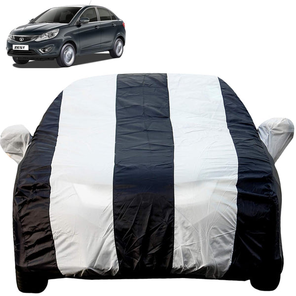 Autofact Zest Car Cover - EasyShield - Car Body Cover for Tata Zest - With Mirror Pockets, Triple Stitched, Bottom Fully Elastic, Adjustable Belt and Buckle (White Blue Stripes)