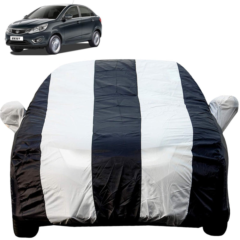 Autofact Zest Car Cover - EasyShield - Car Body Cover for Tata Zest - With Mirror Pockets, Triple Stitched, Bottom Fully Elastic, Adjustable Belt and Buckle (White Blue Stripes)