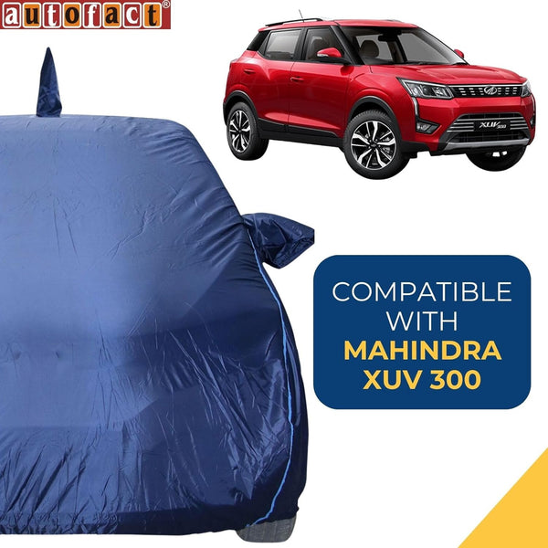 Autofact XUV 300 Car Cover - CoreProtect - Water Resistant Car Body Cover for Mahindra XUV 300 - With Mirror & Antenna Pockets, Triple Stitched, Bottom Fully Elastic, Adjustable Belt and Buckle (Navy 210D)