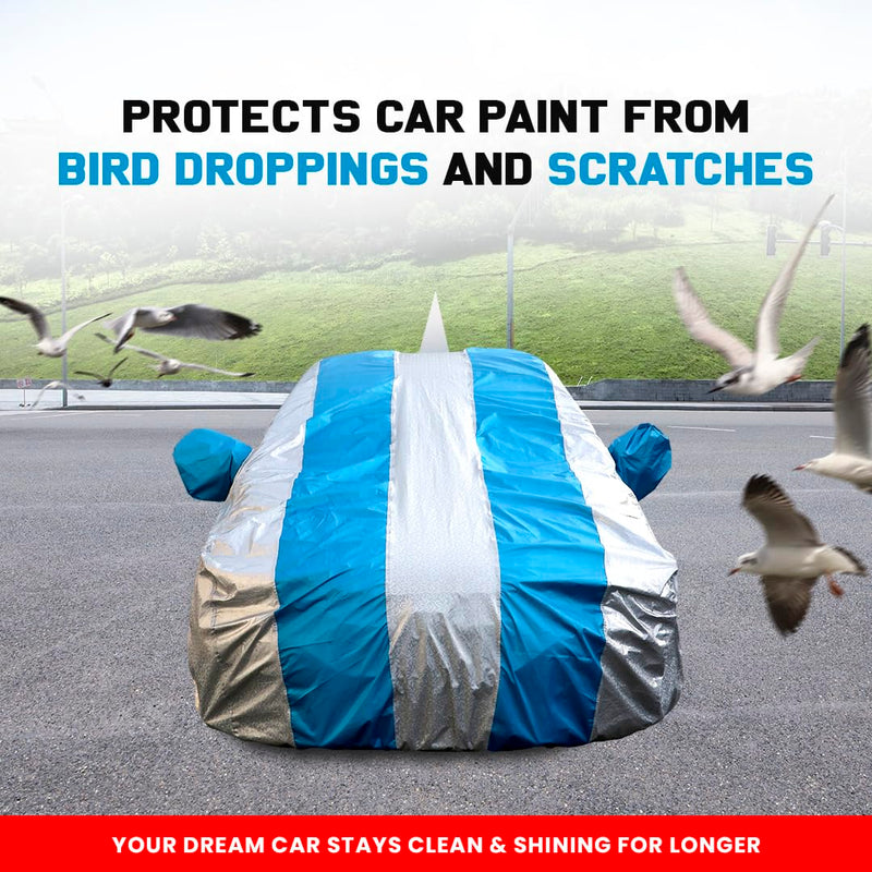 Autofact Swift Car Cover - FlexGuard - Waterproof Car Body Cover for Maruti Swift - With Mirror & Antenna Pockets, Triple Stitched, Bottom Fully Elastic, Adjustable Belt and Buckle (Silver / Blue Stripes)