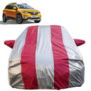 Autofact Triber Car Cover - FlexGuard - Waterproof Car Body Cover for Renaults Triber - With Mirror Pockets, Triple Stitched, Bottom Fully Elastic, Adjustable Belt and Buckle (Silver / Pink Stripes)