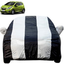 Autofact Beat Car Cover - EasyShield - Car Body Cover for Chevrolet Beat - With Mirror Pockets, Triple Stitched, Bottom Fully Elastic, Adjustable Belt and Buckle (White Blue Stripes)