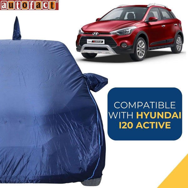 Autofact i20 Active Car Cover - CoreProtect - Water Resistant Car Body Cover for Hyundai i20 Active - With Mirror & Antenna Pockets, Triple Stitched, Bottom Fully Elastic, Adjustable Belt and Buckle (Navy 210D)