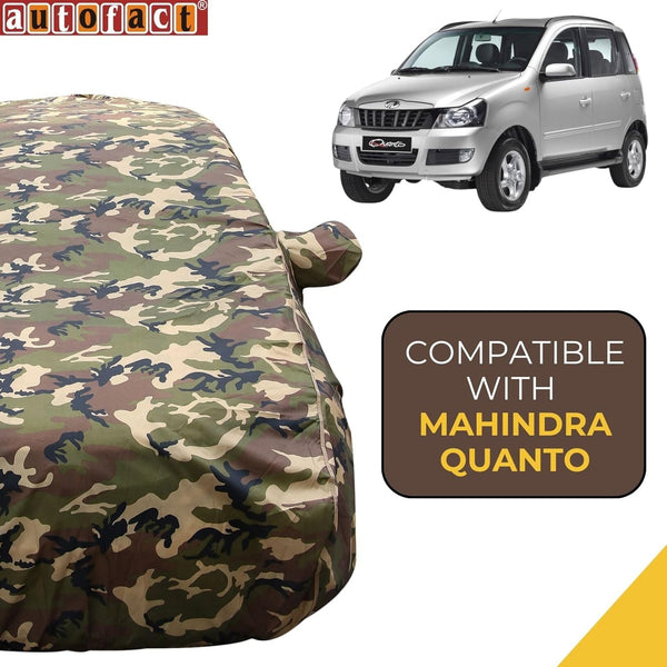 Autofact Quanto Car Cover - TearTough - Dog Proof / Waterproof Car Body Cover for Mahindra Quanto - With Mirror Pockets, Triple Stitched, Bottom Fully Elastic, Adjustable Belt and Buckle (Jungle Print 4x4)