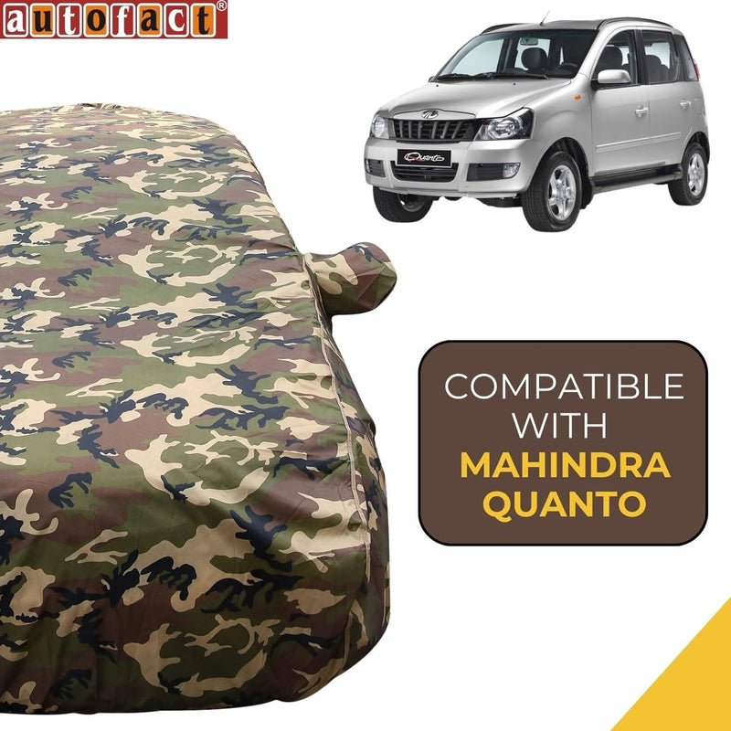 Autofact Quanto Car Cover - TearTough - Dog Proof / Waterproof Car Body Cover for Mahindra Quanto - With Mirror Pockets, Triple Stitched, Bottom Fully Elastic, Adjustable Belt and Buckle (Jungle Print 4x4)