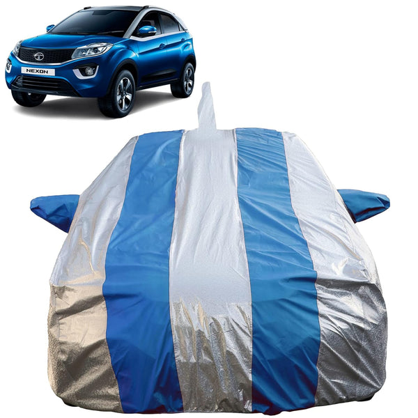 Autofact Nexon Car Cover - FlexGuard - Waterproof Car Body Cover for Tata Nexon - With Mirror & Antenna Pockets, Triple Stitched, Bottom Fully Elastic, Adjustable Belt and Buckle (Silver / Blue Stripes)