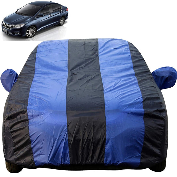 Autofact City Idtech Car Cover - EasyShield - Car Body Cover for Honda City Idtech - With Mirror Pockets, Triple Stitched, Bottom Fully Elastic, Adjustable Belt and Buckle (Royal Blue Stripes)
