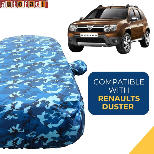 Autofact Duster Car Cover - TearTough - Dog Proof / Waterproof Car Body Cover for Renaults Duster - With Mirror Pockets, Triple Stitched, Bottom Fully Elastic, Adjustable Belt and Buckle (Airforce Blue 4x4)