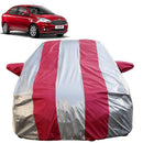 Autofact Figo Aspire Car Cover - FlexGuard - Waterproof Car Body Cover for Ford Figo Aspire - With Mirror Pockets, Triple Stitched, Bottom Fully Elastic, Adjustable Belt and Buckle (Silver / Pink Stripes)