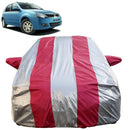 Autofact Verito Car Cover - FlexGuard - Waterproof Car Body Cover for Mahindra Verito - With Mirror Pockets, Triple Stitched, Bottom Fully Elastic, Adjustable Belt and Buckle (Silver / Pink Stripes)