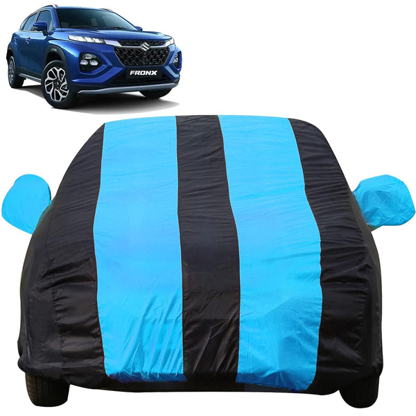Autofact Fronx Car Cover - EasyShield - Car Body Cover for Maruti Fronx - With Mirror Pockets, Triple Stitched, Bottom Fully Elastic, Adjustable Belt and Buckle (Teak Blue Stripes)