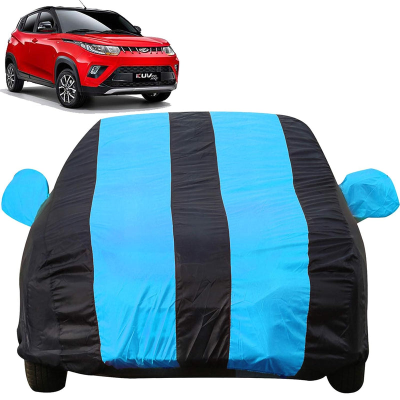 Autofact KUV100 Car Cover - EasyShield - Car Body Cover for Mahindra KUV100 - With Mirror Pockets, Triple Stitched, Bottom Fully Elastic, Adjustable Belt and Buckle (Teak Blue Stripes)