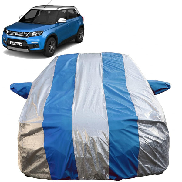 Autofact Brezza Car Cover - FlexGuard - Waterproof Car Body Cover for Maruti Brezza - With Mirror Pockets, Triple Stitched, Bottom Fully Elastic, Adjustable Belt and Buckle (Silver / Blue Stripes)