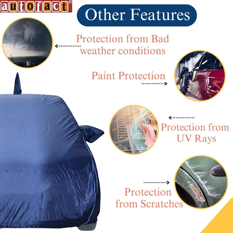 Autofact Swift Car Cover - CoreProtect - Water Resistant Car Body Cover for Maruti Swift - With Mirror & Antenna Pockets, Triple Stitched, Bottom Fully Elastic, Adjustable Belt and Buckle (Navy 210D)