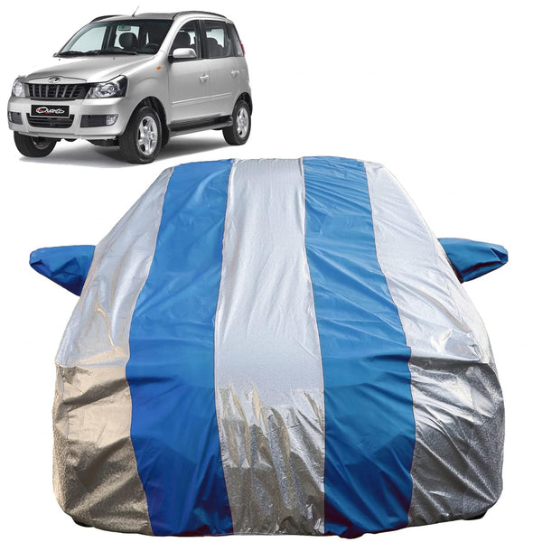 Autofact Quanto Car Cover - FlexGuard - Waterproof Car Body Cover for Mahindra Quanto - With Mirror Pockets, Triple Stitched, Bottom Fully Elastic, Adjustable Belt and Buckle (Silver / Blue Stripes)