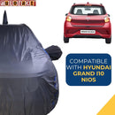Autofact Grand I10 Nios Car Cover - CoreProtect - Water Resistant Car Body Cover for Hyundai Grand I10 Nios - With Mirror & Antenna Pockets, Triple Stitched, Bottom Fully Elastic, Adjustable Belt and Buckle (Grey 210D)