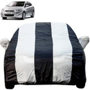 Autofact Accent Car Cover - EasyShield - Car Body Cover for Hyundai Accent - With Mirror Pockets, Triple Stitched, Bottom Fully Elastic, Adjustable Belt and Buckle (White Blue Stripes)