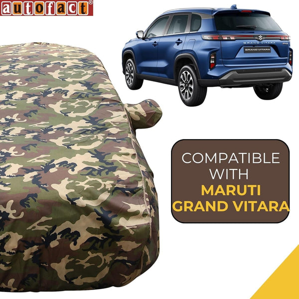 Autofact Grand Vitara Car Cover - TearTough - Dog Proof / Waterproof Car Body Cover for Maruti Grand Vitara - With Mirror Pockets, Triple Stitched, Bottom Fully Elastic, Adjustable Belt and Buckle (Jungle Print 4x4)