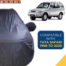 Autofact Safari Car Cover - CoreProtect - Water Resistant Car Body Cover for Tata Safari - With Mirror Pockets, Triple Stitched, Bottom Fully Elastic, Adjustable Belt and Buckle (Grey 210D)