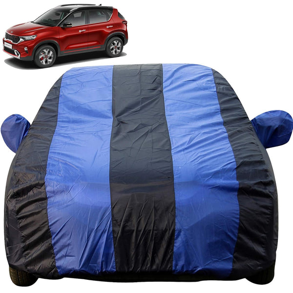 Autofact Sonet Car Cover - EasyShield - Car Body Cover for Kia Sonet - With Mirror Pockets, Triple Stitched, Bottom Fully Elastic, Adjustable Belt and Buckle (Royal Blue Stripes)