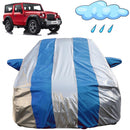 Autofact Thar Car Cover - FlexGuard - Waterproof Car Body Cover for Mahindra Thar - With Mirror Pockets, Triple Stitched, Bottom Fully Elastic, Adjustable Belt and Buckle (Silver / Blue Stripes)