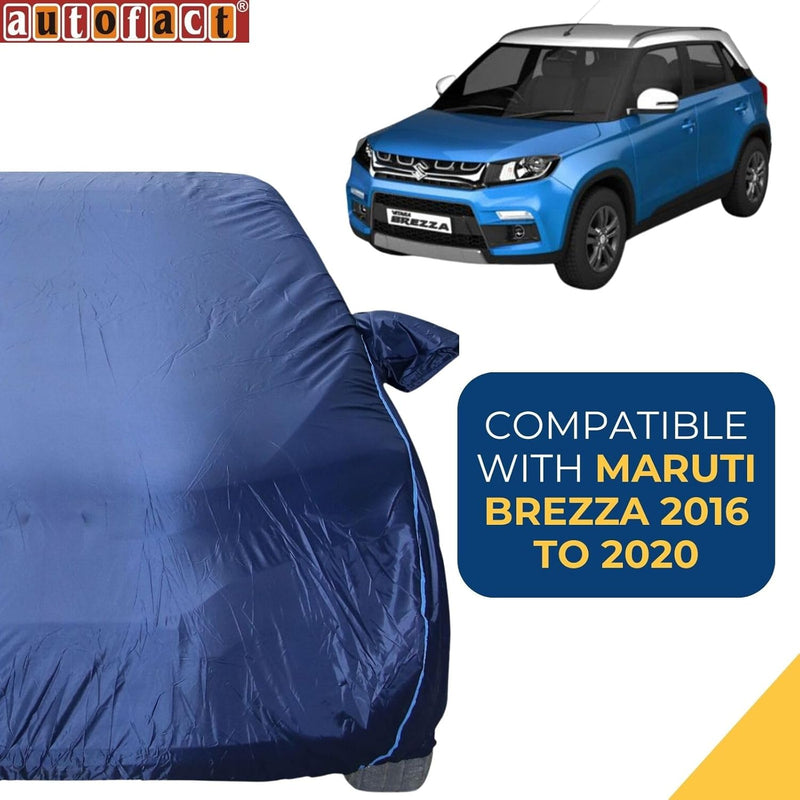 Autofact Brezza Car Cover - CoreProtect - Water Resistant Car Body Cover for Maruti Brezza - With Mirror Pockets, Triple Stitched, Bottom Fully Elastic, Adjustable Belt and Buckle (Navy 210D)