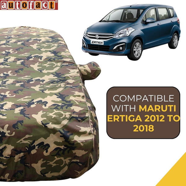 Autofact Ertiga Car Cover - TearTough - Dog Proof / Waterproof Car Body Cover for Maruti Ertiga - With Mirror Pockets, Triple Stitched, Bottom Fully Elastic, Adjustable Belt and Buckle (Jungle Print 4x4)