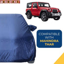 Autofact Thar Car Cover - CoreProtect - Water Resistant Car Body Cover for Mahindra Thar - With Mirror Pockets, Triple Stitched, Bottom Fully Elastic, Adjustable Belt and Buckle (Navy 210D)