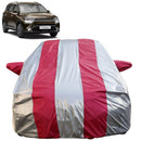 Autofact Carens Car Cover - FlexGuard - Waterproof Car Body Cover for Kia Carens - With Mirror Pockets, Triple Stitched, Bottom Fully Elastic, Adjustable Belt and Buckle (Silver / Pink Stripes)