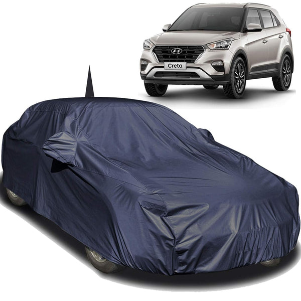 Autofact Creta New Car Cover - EasyShield - Waterproof Car Body Cover for Hyundai Creta New - With Mirror Pockets, Triple Stitched, Bottom Fully Elastic, Adjustable Belt and Buckle (Navy 190T)